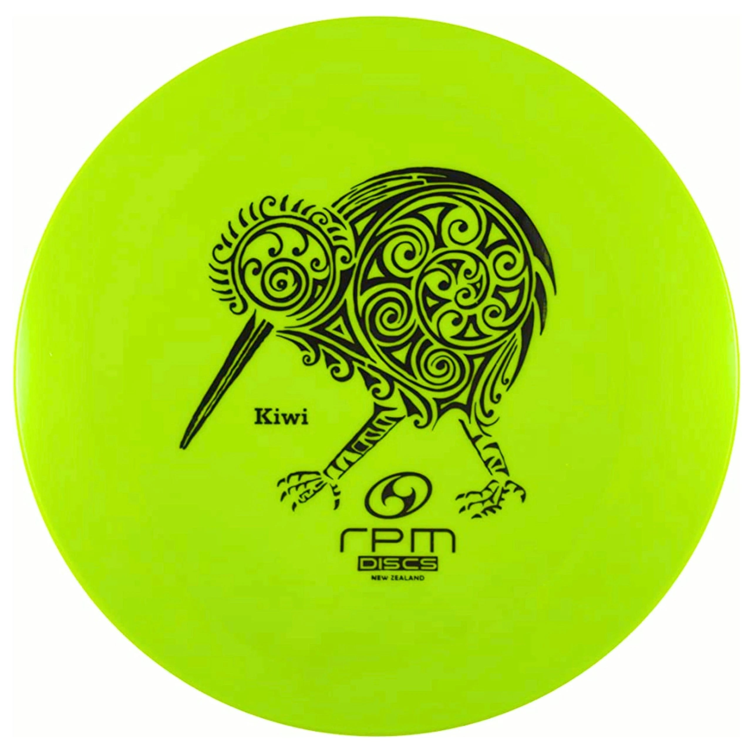 Yellow disc with kiwi bird graphic.